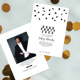 Graduation Cap Toss Black & White Grad Party 招待状