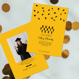 Graduation Cap Toss Gold & Black Grad Party 招待状