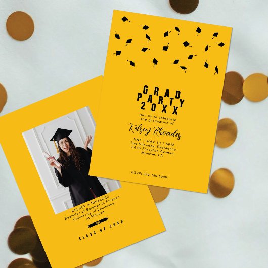 Graduation Cap Toss Gold & Black Grad Party 招待状