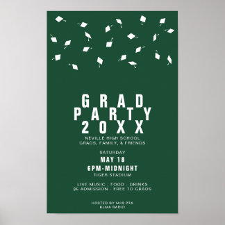 Graduation Cap Toss Green & White Grad Party ポスター