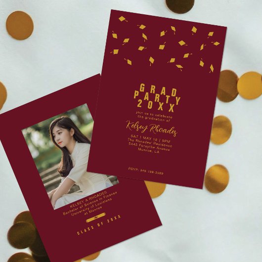 Graduation Cap Toss Maroon & Gold Grad Party 招待状