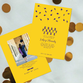 Graduation Cap Toss Purple & Gold Grad Party 招待状