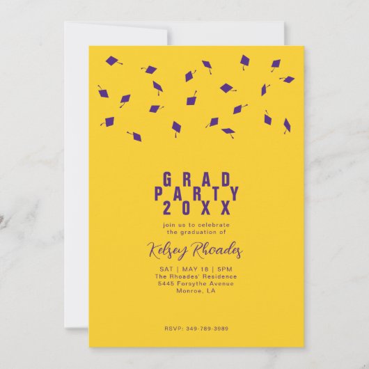 Graduation Cap Toss Purple & Gold Grad Party 招待状 (正面)