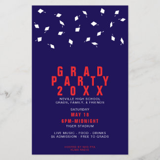 Graduation Cap Toss Red & Navy Grad Party チラシ