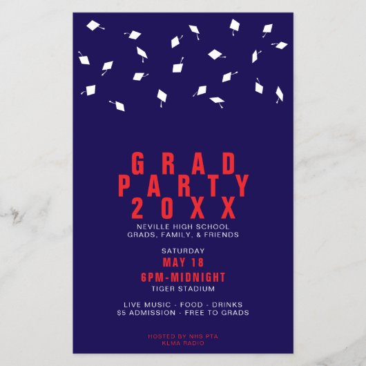 Graduation Cap Toss Red & Navy Grad Party チラシ (正面)