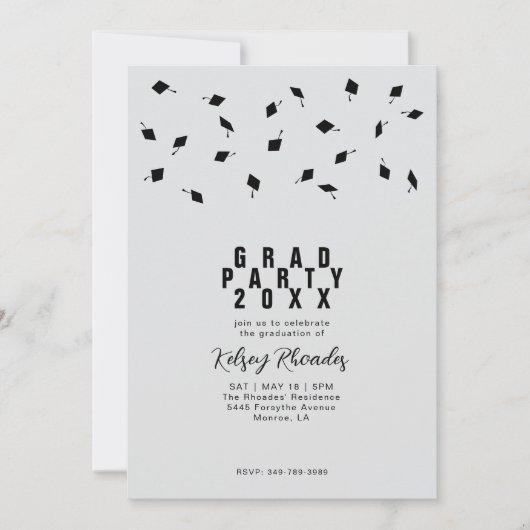 Graduation Cap Toss Silver & Black Grad Party 招待状 (正面)