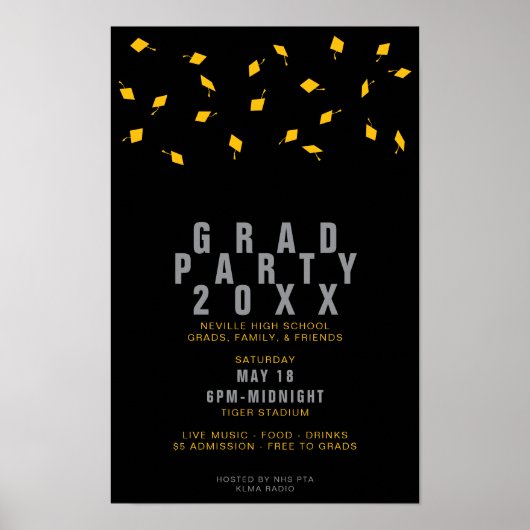 Graduation Cap Toss Silver & Gold Grad Party ポスター (正面)