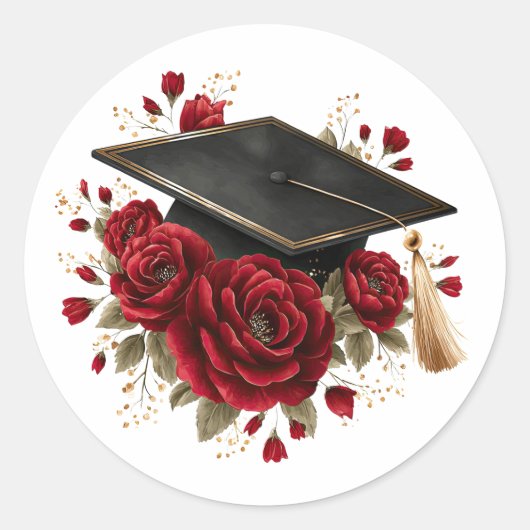 Graduation Cap with Red Roses Celebration Design ラウンドシール (正面)
