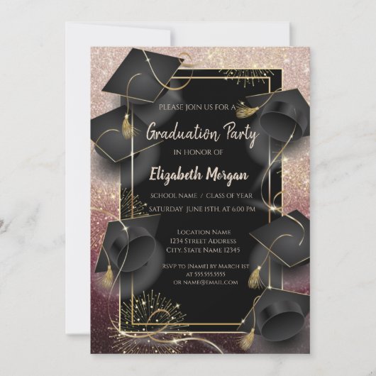 Graduation Caps Rose Gold Glitter Graduation Party 招待状 (正面)