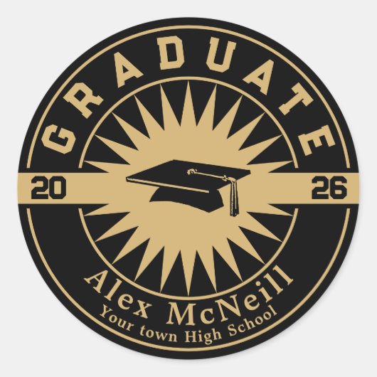 Graduation Classic Gold & Black Template ラウンドシール (正面)