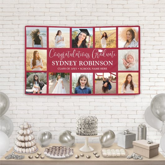 Graduation Congrats 12 Photo Collage Red and White 横断幕