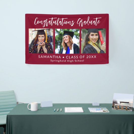 Graduation Congratulations Graduate 3 Photo Maroon 横断幕 (トレードショー)