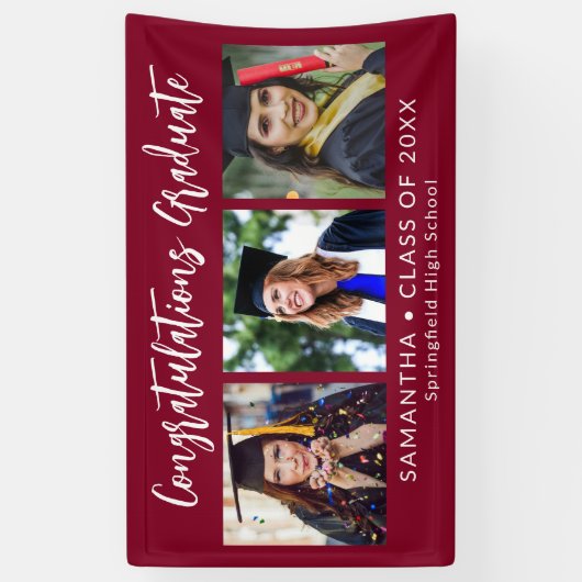 Graduation Congratulations Graduate 3 Photo Maroon 横断幕 (縦)