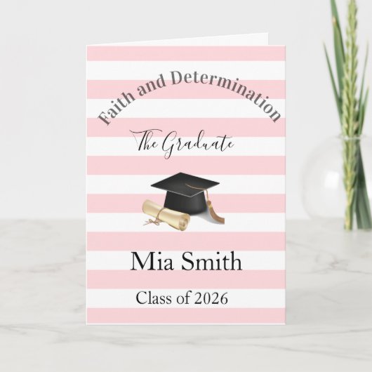 Graduation Cute Pink & White Stripe Greeting Card  シーズンカード (正面)