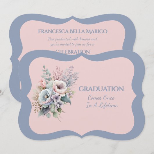 Graduation Daughter Blue Pink Floral Invitation 招待状 (正面/裏面)