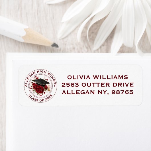 Graduation Emblem Return Address Label with Roses ラベル (インサイチュ)