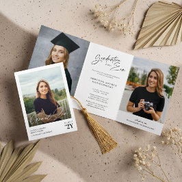 Graduation Era Then & Now Grad Photo Collage Party 三つ折り招待状