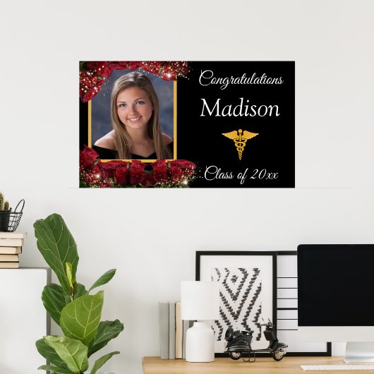 Graduation Gold Caduceus Red Roses Sparkle ポスター (ホームオフィス)