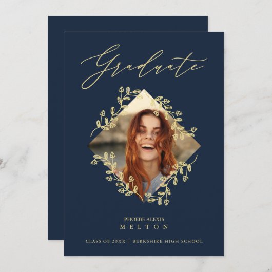 Graduation Gold Diamond Wildflower Navy Photo 招待状 (正面/裏面)