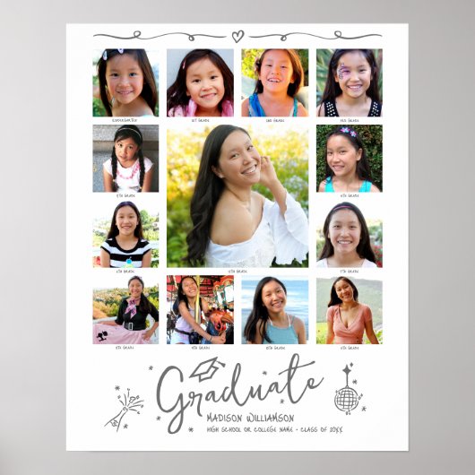 Graduation K–12 Photo Collage Gray Doodles White ポスター (正面)
