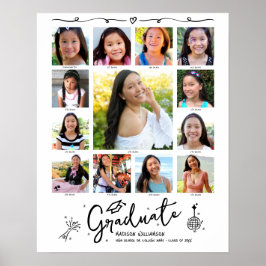 Graduation K–12 Photo Collage White Black Doodles ポスター