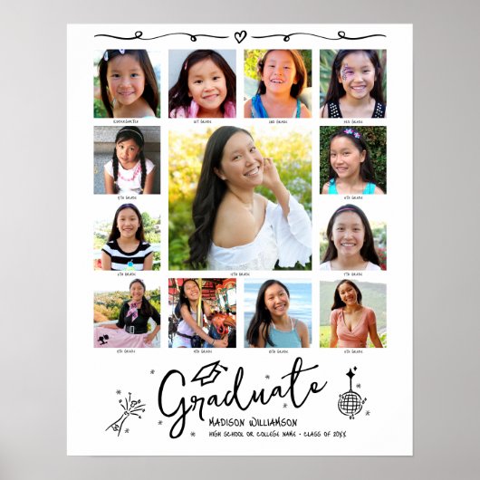 Graduation K–12 Photo Collage White Black Doodles ポスター (正面)