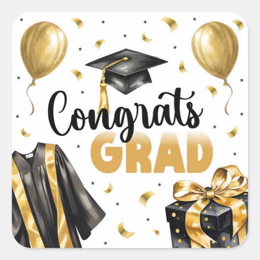 Graduation Neutral Black Gold High School College スクエアシール (正面)