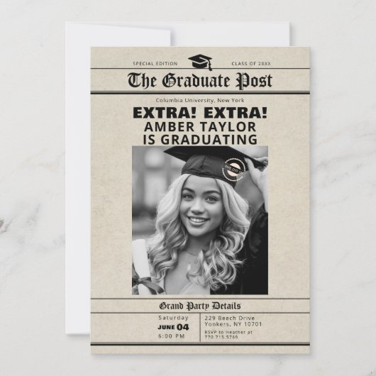 Graduation Newspaper “Extra Extra” B&W Photo 招待状 (正面)