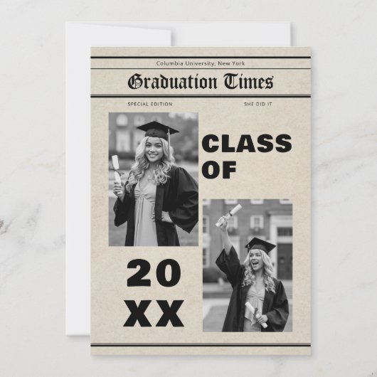 Graduation Newspaper She Did It B&W Photo 招待状 (裏面)