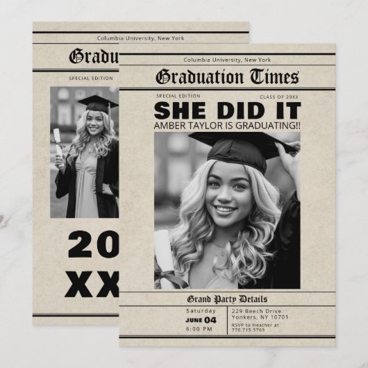 Graduation Newspaper She Did It B&W Photo 招待状 (正面/裏面)
