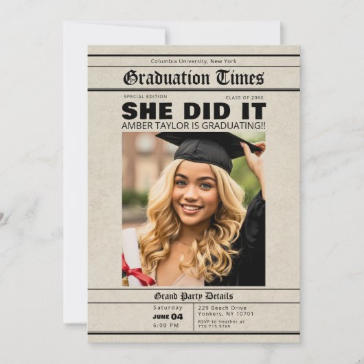 Graduation Newspaper She Did It Photo 招待状 (正面)