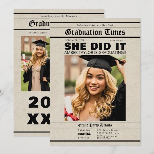 Graduation Newspaper She Did It Photo 招待状 (正面/裏面)