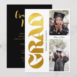 Graduation Party 2 Photo Black and Gold Typography 招待状