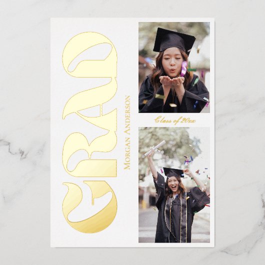 Graduation Party 2 Photo Black and Gold Typography 箔招待状 (正面)