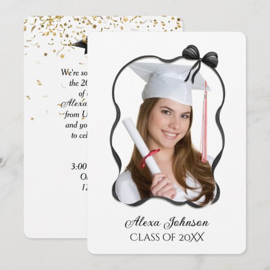 Graduation Party Black Bow And Ribbon Frame 招待状 (正面/裏面)