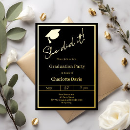 Graduation party black gold luxury She did it 箔招待状