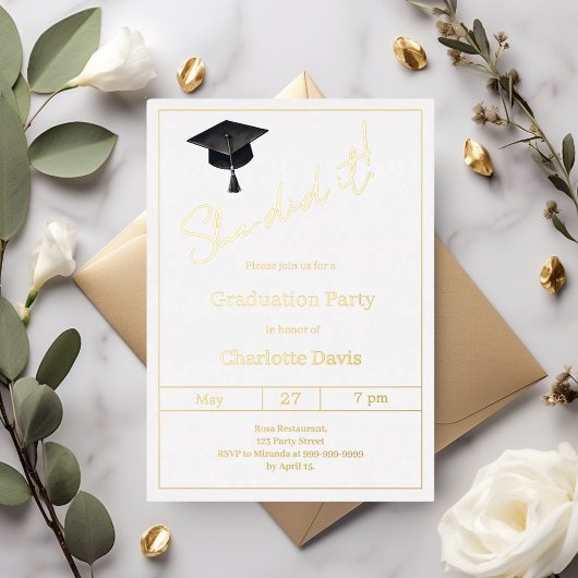 Graduation party black gold  luxury She did it 箔招待状