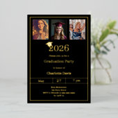 Graduation party black gold photo luxury 箔招待状 (立ち正面)
