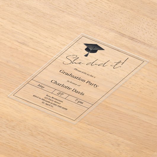 Graduation party black luxury  She did it clear アクリル招待状 (レイダウン)