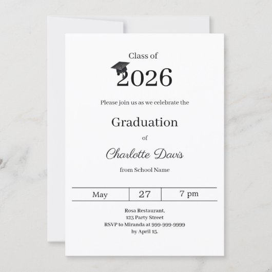 Graduation party black white class of 2026 招待状 (正面)