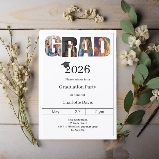 Graduation party black white grad photo 招待状