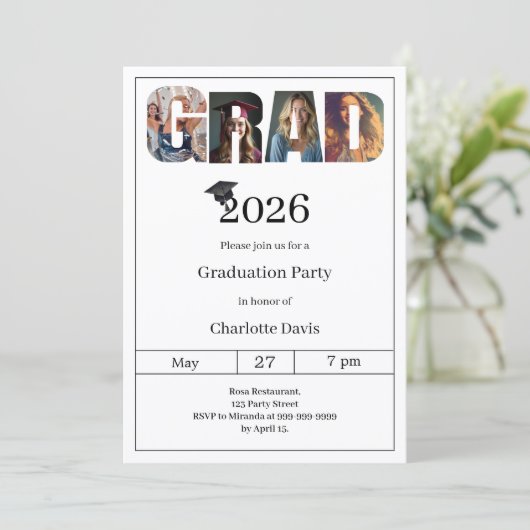 Graduation party black white grad photo 招待状 (スタンド正面)