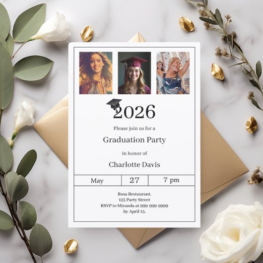 Graduation party black white photo 招待状