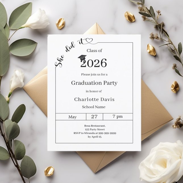 Graduation party black white She did it invitation (クリエイターアップロード済み)