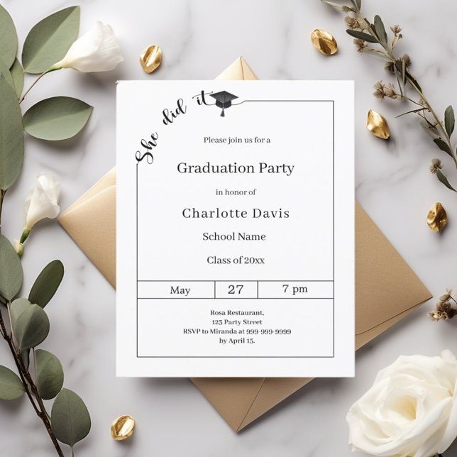 Graduation party black white She did it invitation (クリエイターアップロード済み)