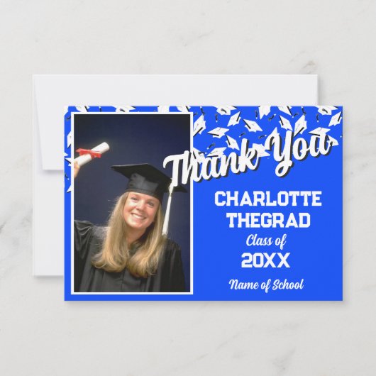 Graduation Party Blue and White Personalize Photo サンキューカード (正面)