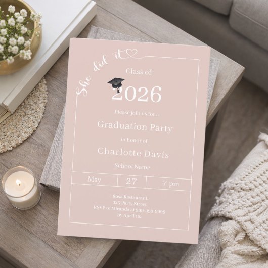 Graduation party blush pink neutral She did it 招待状