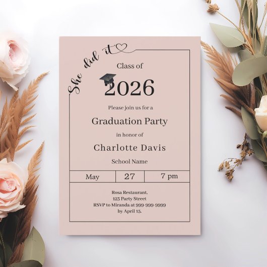 Graduation party blush pink neutral She did it 招待状