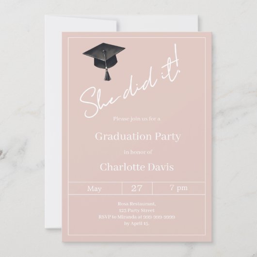Graduation party blush pink neutral She did it 招待状 (正面)