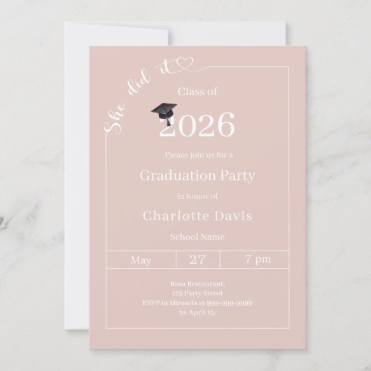 Graduation party blush pink neutral She did it 招待状 (正面)